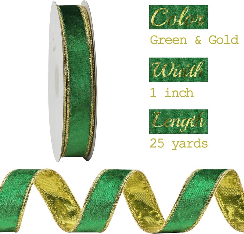 Meedee Crushed Green Velvet Ribbon with Gold Back 1 Inch Double Sided Christmas Wired Ribbon 25 Yards, Perfect for Christmas Tree Decorations, Wreath Supplies, Crafts Bow Making - Image 2